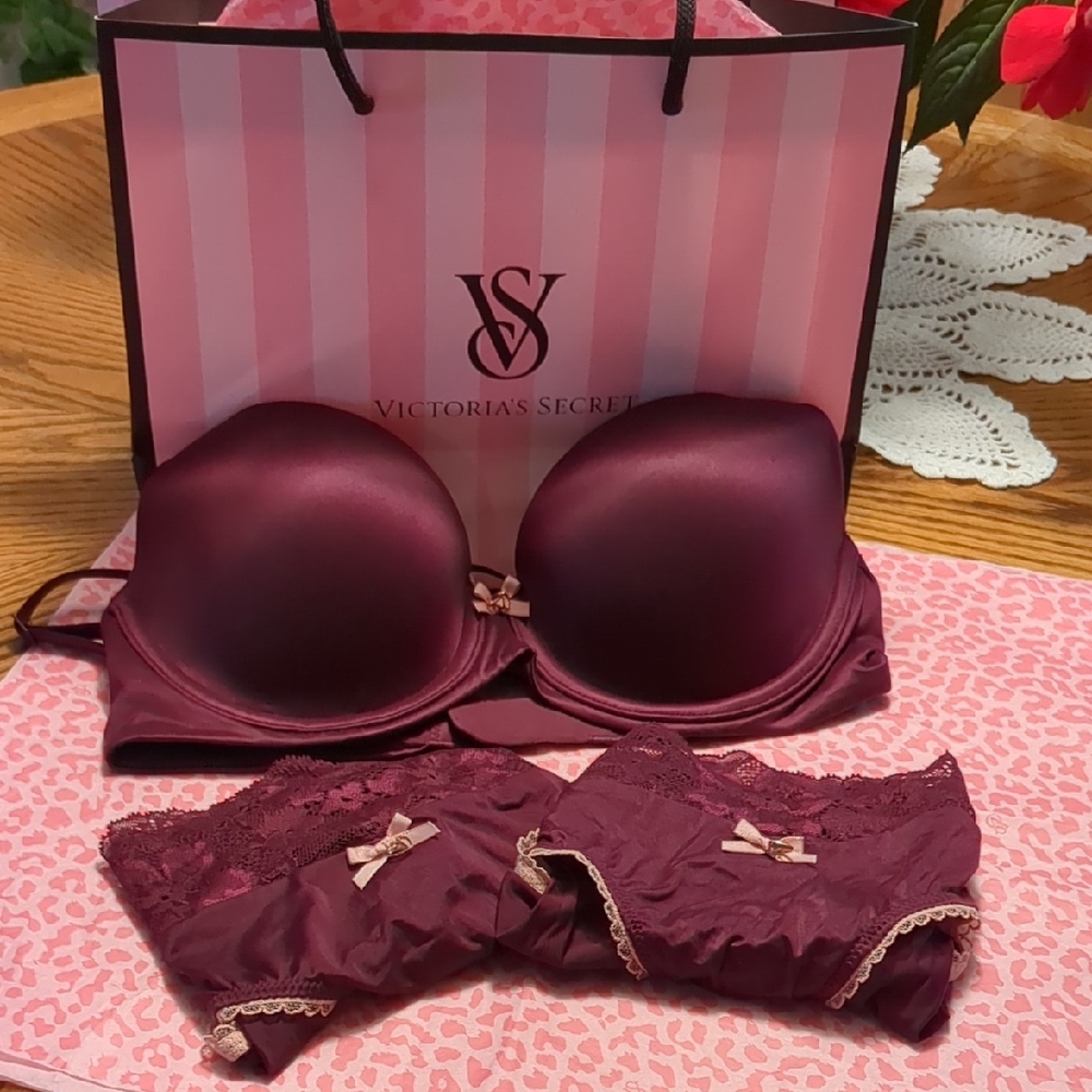 Victoria's Secret Body By Victoria Lined Demi Bra/Panty Bundle 32D/M Burgundy